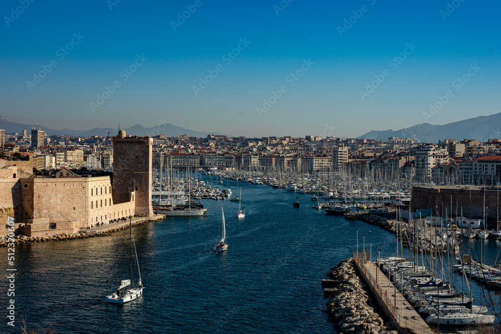 France. Bouche-du-Rhone (13) Marseille. Entrance to the old port of Marseille and the king tower Rene