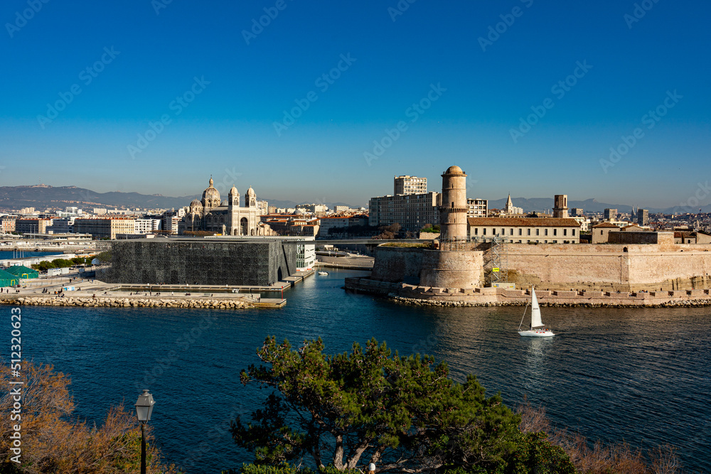 France. France. Bouche-du-Rhone (13) Marseille. The Mucem. Museum of European and Mediterranean Civilizations the Fort Saint Jean and in the background, La Major Cathedral