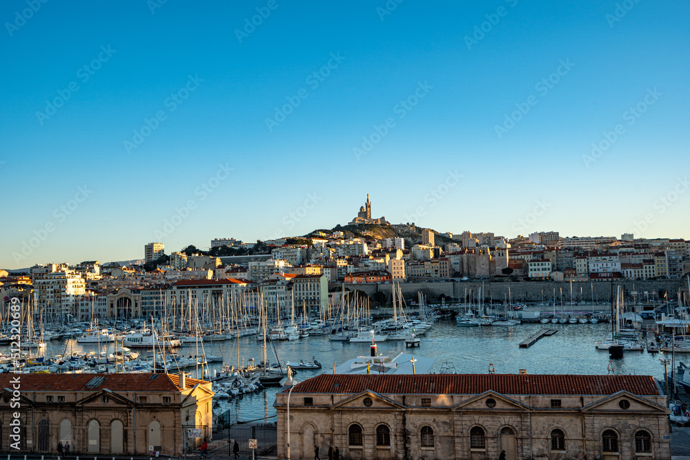 France. Bouche-du-Rhone (13) Marseille. The old port of Marseille in the background the Basilica of Notre Dame de la Garde