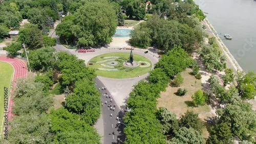 Aerial view of cyclists on Margaret island (Margitsziget) in Budapest, Hungary photo