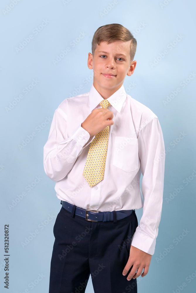 Boy in white shirt and yellow tie (close-up) - obrazy, fototapety, plakaty 