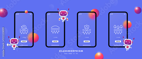 Skin protection set icon. Moisturizing, pore cleaning, sunscreen, pimple treatment, whelk, UV defense, hydration. Scin care concept. Glassmorphism. UI phone app screen. Vector line icon for Business