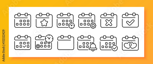 Calendar set icon. Clock, setting, gear, every day, tick, cross, anniversary, reminder, punctuality, bell, alarm clock. Date management concept. Vector line icon for Business and Advertising