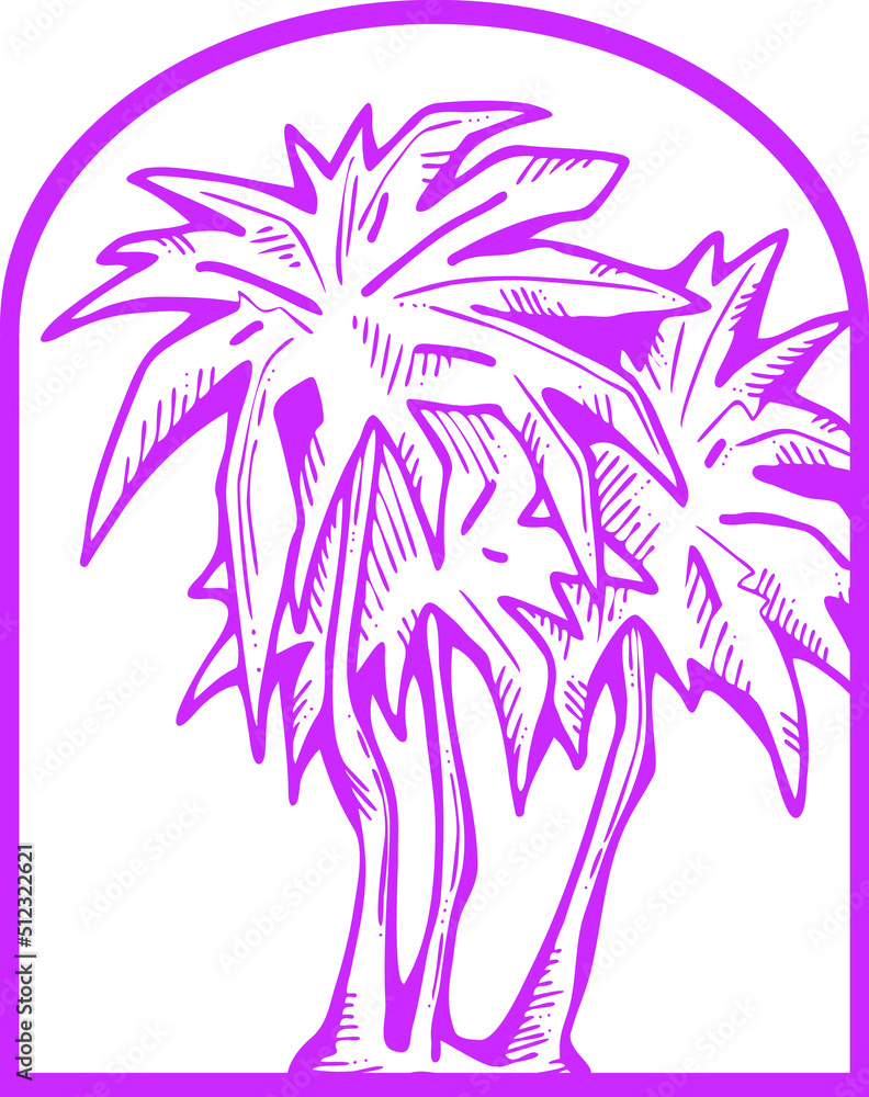 Palm tree with green leaves. Exotic tropical jungle hot summer holiday, Travel outdoor to south in nature forest to spa relax. Hand drawn retro vintage vector illustration. Old style cartoon drawing.