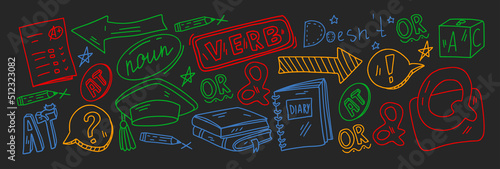 Creativity and imagination. Vector icons with school items.