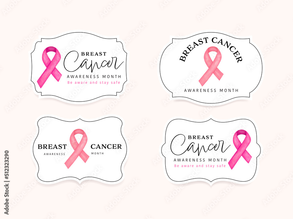 Breast cancer awareness ribbon logo in vintage label with watercolor stain brush background pink color.
