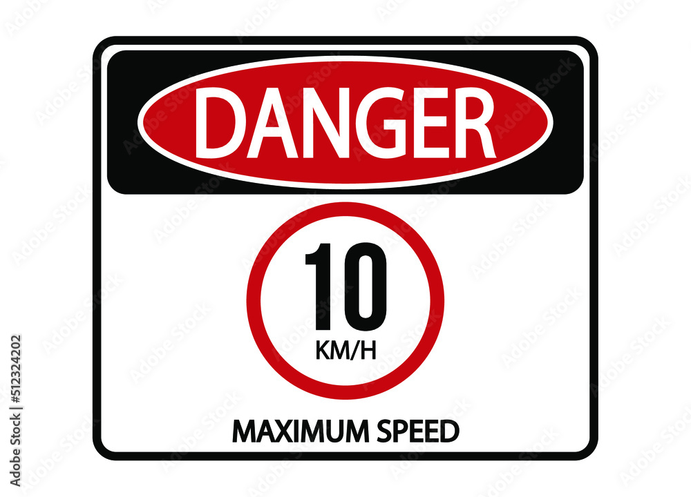 Danger maximum speed 10km/h. Maximum permitted speed warning sign. Danger maximum speed 10km/h. Maximum permitted speed warning sign.