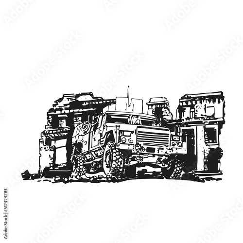 Truck and city ruins hand graphic drawing. Military weapon