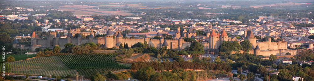 Fototapeta premium Panorama of the old city fortress of Carcassonne with medieval walls and towers in Aude, Occitanie region in France