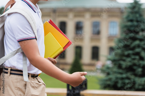 Cropped view of schoolboy with notebooks walking outdoors.