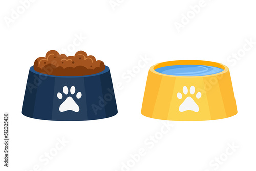 Bowls with food and water for dog and cat. Individual feed bowl and drink. Pet plate icons flat cartoon vector illustration.