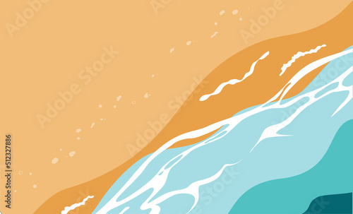 Summer beach landscape with sea waves and sand. Foamy waves runs over the sandy shore top view. Corner background. Vector illustration