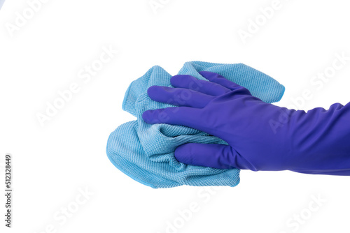 Hand in blue rubber glove with microfiber rag for polishing glass and shiny surfaces, isolated on white background. © Viktoria