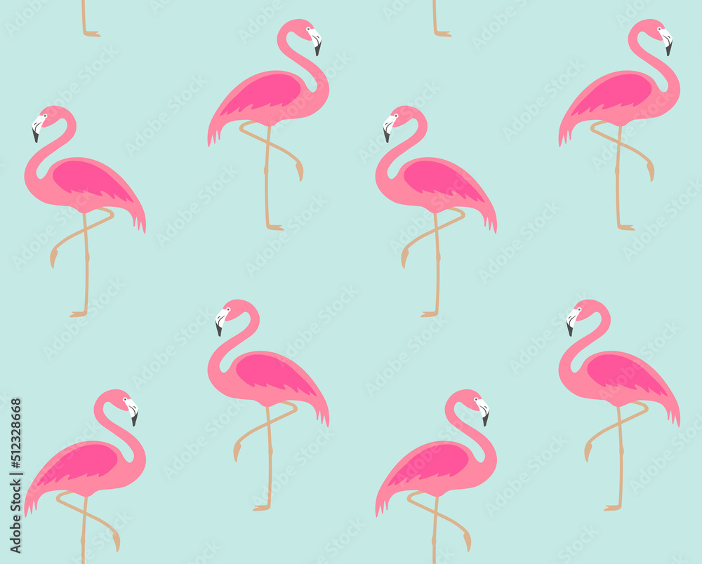 Obraz premium Vector seamless pattern of flat flamingo isolated on mint background