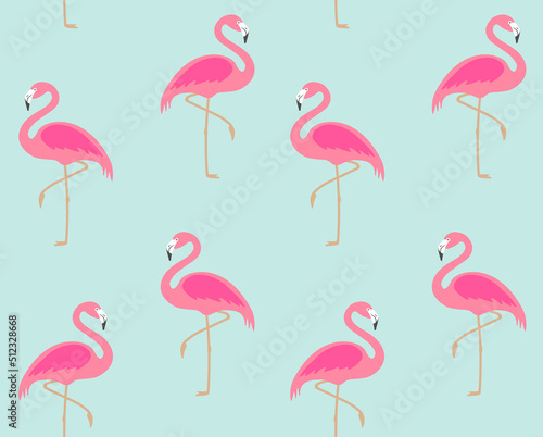 Vector seamless pattern of flat flamingo isolated on mint background
