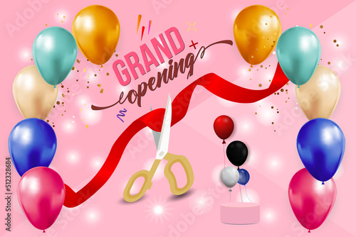 Grand Opening Cut ribbon  background Banner Design Illustrations Shape, Business Promotion Ad Poster, Ceremony party event invitation, Coming soon Poster, red ribbon with balloon and colorful confetti