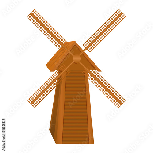 Old windmill, vintage wooden wind mill. Traditional dutch farm building for grinding wheat grains to flour. Vector cartoon of countryside architecture isolated on white background