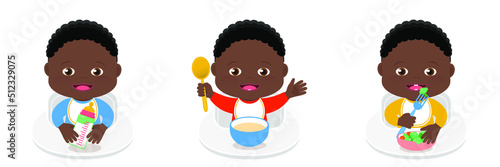 Cute little dark skin baby boy with curly hair, growing up, catoon illustration. Age-by-age guide or Eating Milestones to feeding baby from a bottle milk, to Pureed food, and than to solid food.