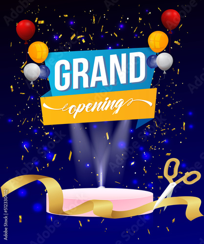 Grand Opening Cut ribbon  background Banner Design Illustrations Shape, Business Promotion Ad Poster, Ceremony party event invitation, Coming soon Poster, red ribbon with balloon and colorful confetti