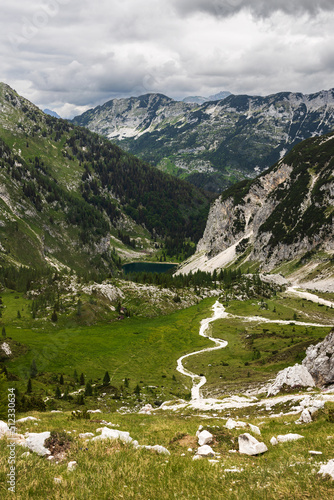 Descending Footpath trail From Mount Krn To Lepena Valley - View of the Lake of Krn Valley Triglav National Park Slovnia