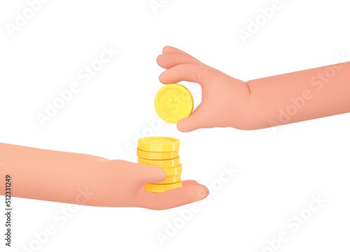3d hand give gold money or hand take money emoji. Loan, exchange, payout business concept. Business cartoon icon. Financial services. Realistic 3d design