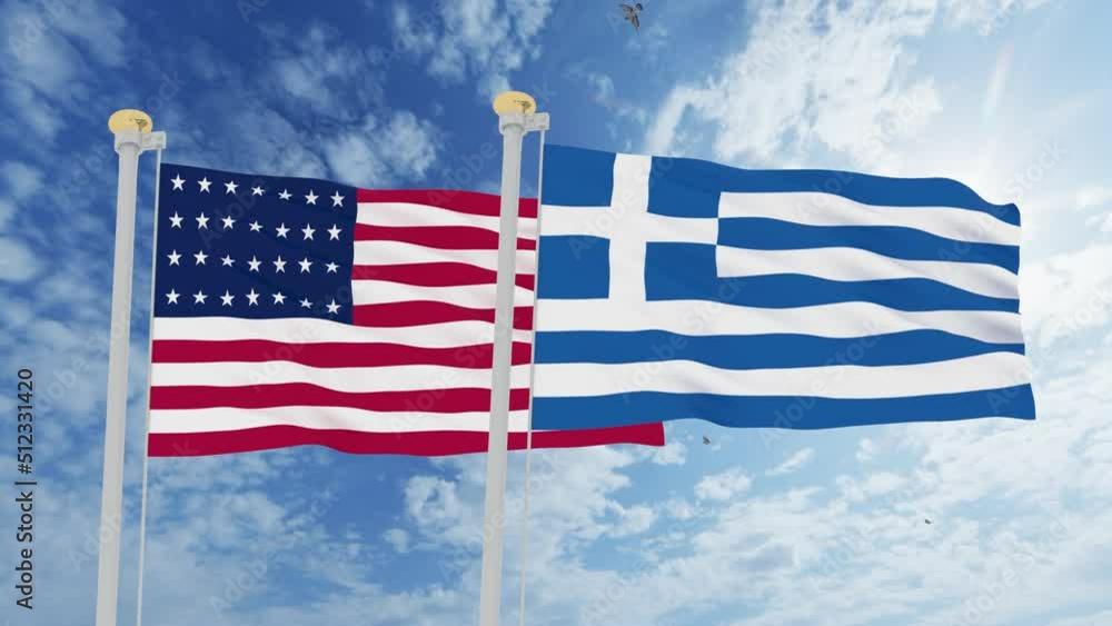 4K Ultra Hd. United States and Greece Waving with blue sky. 3d animation. 4K Ultra Hd. United States and Greece Waving with blue sky. 3d animation.