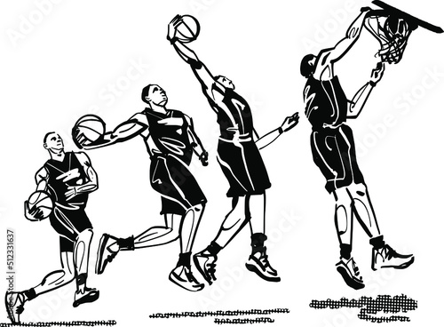 black and white illustration of the basketball players silhouettes