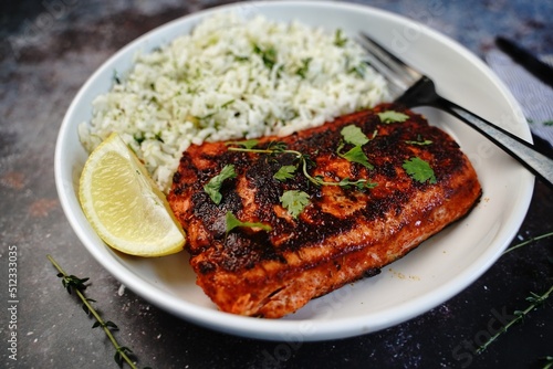 Vászonkép Homemade Blackened salmon served with cilantro lime rice