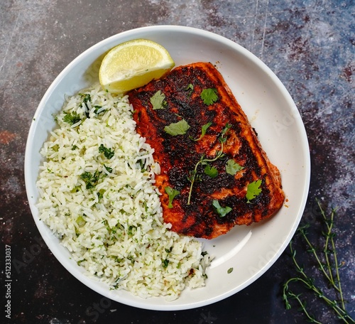 Homemade Blackened salmon served with cilantro lime rice