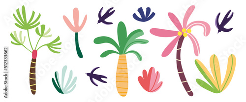 Set of abstract tropical palms, bushes and swallows. Cute decorative jungle rainforest tree and plant. Summer tropical bird, palm plantation. Beach kids doodle. Hand drawn colorful vector illustration
