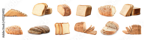 Collage with different sliced bread on white background. Banner design