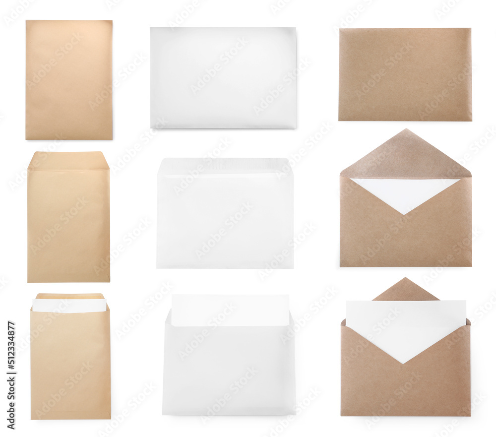 Set with different blank paper envelopes on white background