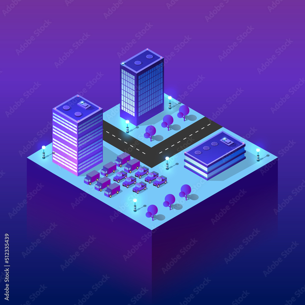 City future smart urban Isometric night lights architecture 3D illustration City future smart urban Isometric night lights architecture 3D illustration