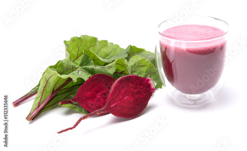 Close up fresh organic beetroot juice isolated on white background. Healthy drink
