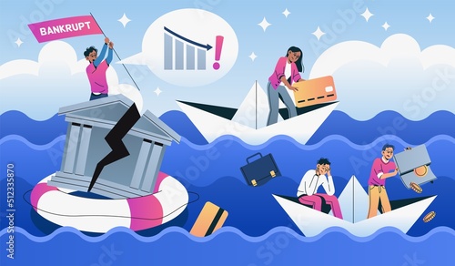 Bankrupt people. Failed bank with panicked businessmen, income sinking in sea, global financial crisis, government debt, economic recession, poor family crying. Tidy vector cartoon flat concept