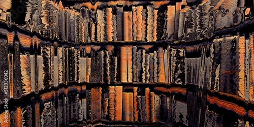 pattern and creative design in metallic gold bronze orange and shades of brown inspired shelves of antique books