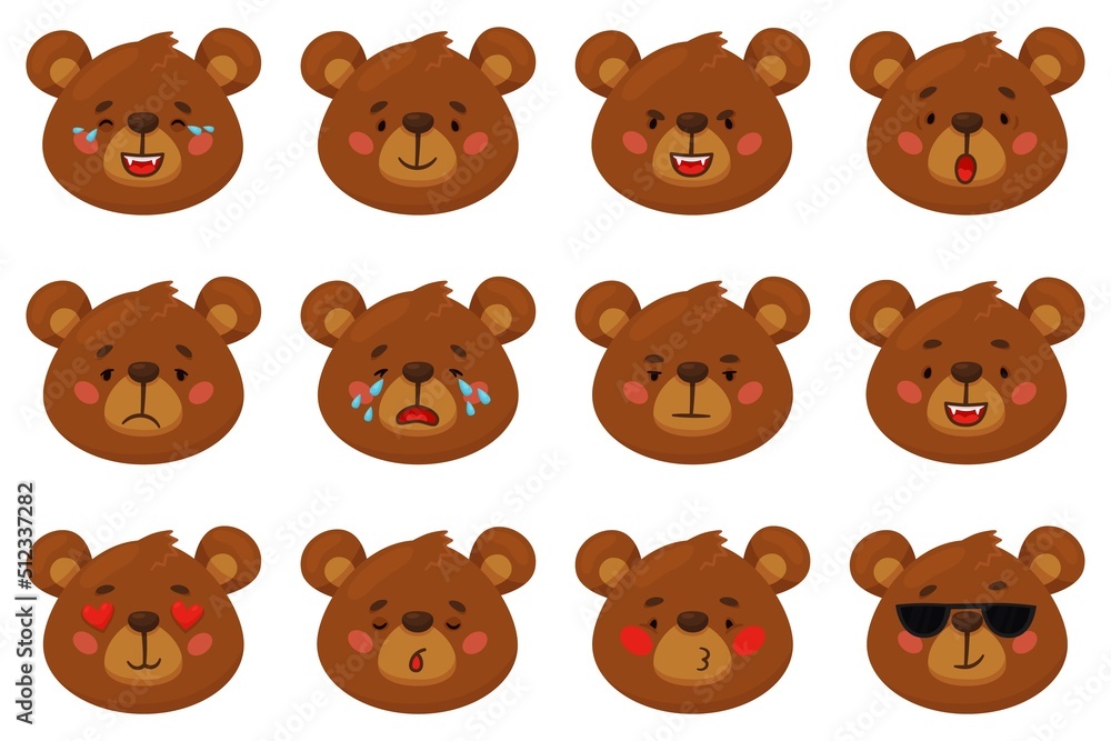 Fototapeta premium Cartoon bear emoji. Funny animal emotions, brown grizzly faces, different moods, heads expressions, wilde forest mammal, smile and crying, angry and happy, comic stickers, recent vector set