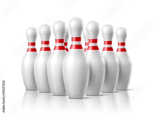 Bowling pins arrangement. Realistic game white skittles, starting position, group competitive team game with score, knocking items, equipment with shadows, vector isolated concept