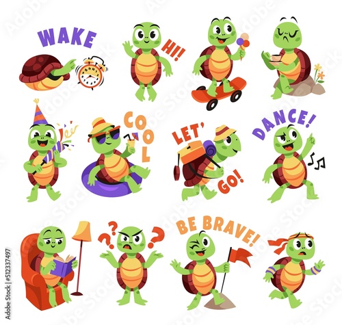 Cartoon turtle. Cute funny animals characters, smiling little turtle in different poses, actions and emotions, comic mascot with various phrases, stickers collection, tidy vector set