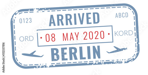 European travel label. Grunge passport arriving stamp