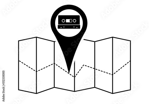 Gps map outline with location pin, audio tape icon. Gps marker with map design illustration isolated on white, to use in beach party, summer festival, travel, vacation destination symbol.