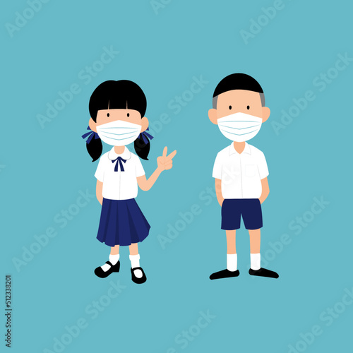 boy and girl wearing school uniforms. They wear Face Masks.  New Normal Activities concept.