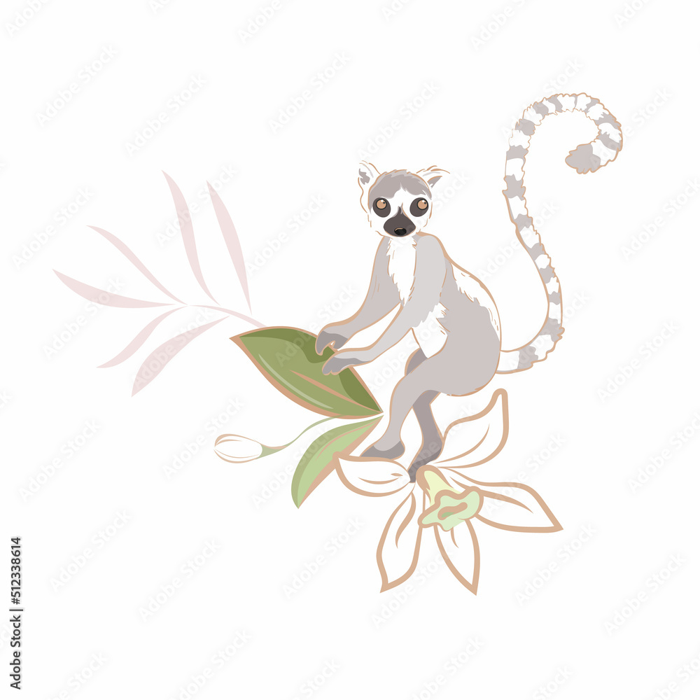 Vector hand drawn Illustration of cute funny lemur on branch on white background isolated Vector hand drawn Illustration of cute funny lemur on branch on white background isolated