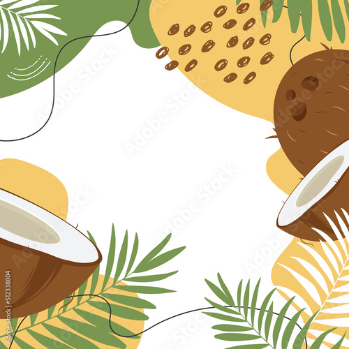 Coconuts with palm leaves on an abstract background. Organic, natural product. Postcard, banner, poster, sticker, print, advertising material. Vector illustration.