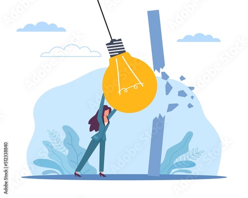 Overcoming obstacles, breakthrough barrier, problems solution, achievement goal. Creative idea and startup, businesswoman break wall, innovation strategy. Vector cartoon flat concept