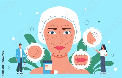 Plastic surgery. Aesthetic medicine, appearance defects correction, improving facial feature, rhinoplasty and lip augmentation, wrinkles struggle, nowaday vector cartoon flat concept