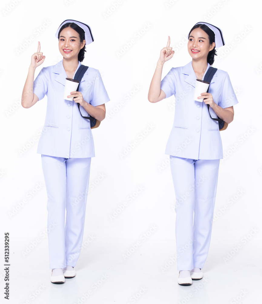 Full length 30s 20s Asian Woman Nurse hospital, pointing finger up in Air Full length 30s 20s Asian Woman Nurse hospital, pointing finger up in Air