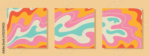 1970 Retro triptych Trippy Wavy Swirl Pattern. Set of three posters. Seventies Style. Abstract Background with Pastel Rainbow Colors and Groovy Geometric. Hippie Aesthetic. Vector Illustration  
