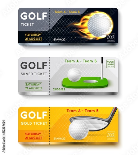 Realistic golf cards. Sport game tickets, invitation coupons, tournament stadium event, visiting championship certificates, isolated professional equipment, 3d objects ball and clubs. Vector set