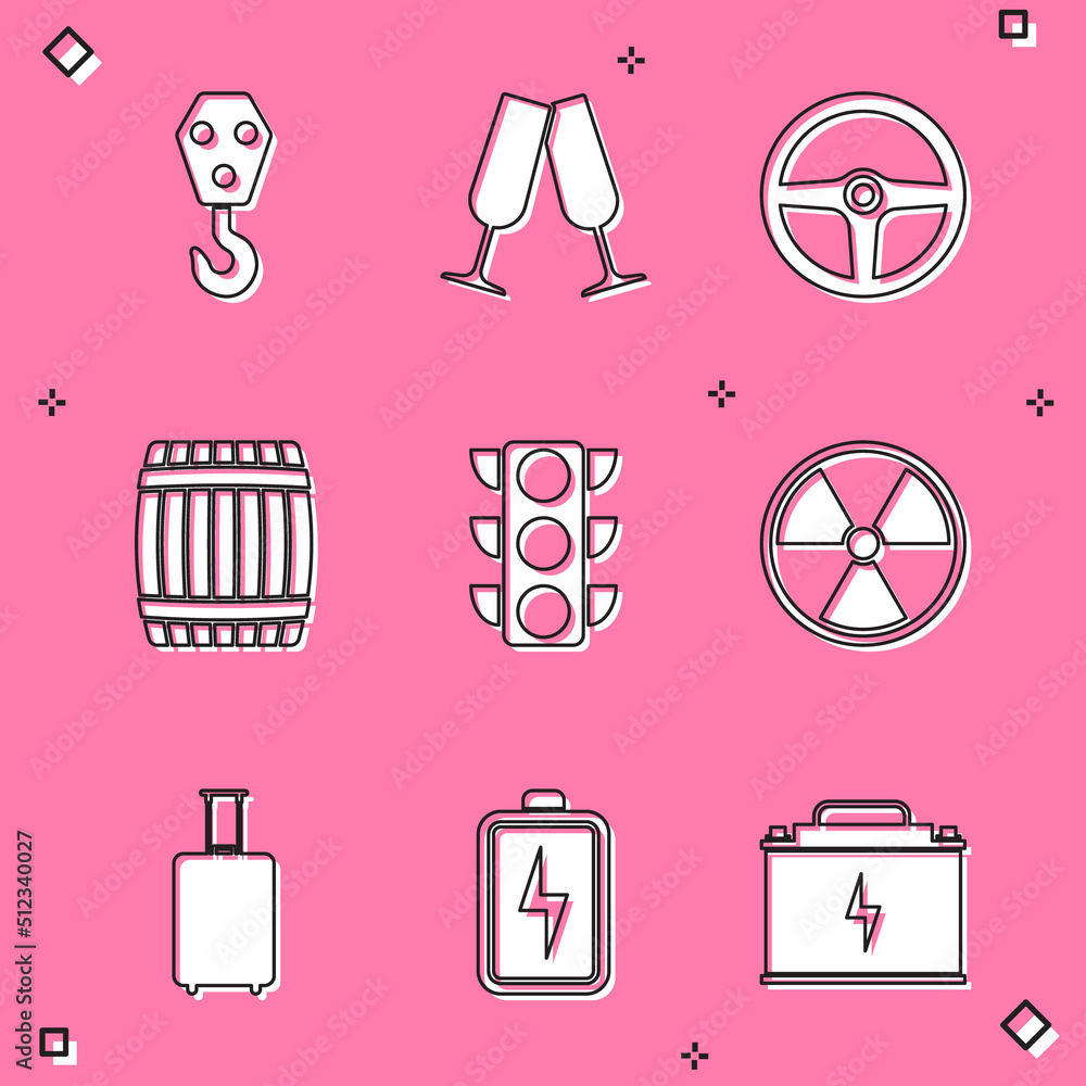 Set Industrial hook, Glasses of champagne, Steering wheel, Wooden barrel, Traffic light and Radioactive icon. Vector Set Industrial hook, Glasses of champagne, Steering wheel, Wooden barrel, Traffic light and Radioactive icon. Vector